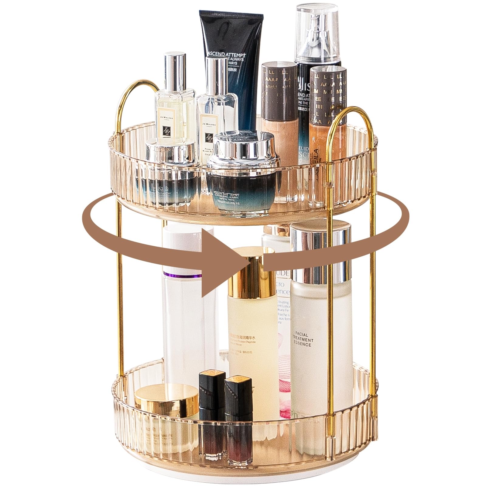Makeup Organiser for Vanity, 360° Rotating Bathroom Organiser Countertop, High-Capacity Skincare Organiser, Spinning Cosmetics Organiser for Vanity Dresser Bathroom (2 Tiers, Amber)