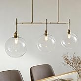 Contemporary Aged Brass Globe Glass Linear Chandelier, Modern Glam Hand-Polished Metal Finish Ceiling Light Fixture Over Kitc