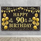 Trgowaul 90th Birthday Backdrop Gold and Black 5.9 X 3.6 Fts Happy Birthday Party Decorations Banner for Women Men Photography Supplies Background Happy Birthday Decoration
