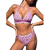 CUPSHE Women's Bikini Sets Two Piece Swimsuit Halter V Neck Back Hook Cutout Stitching Cheeky Bottom
