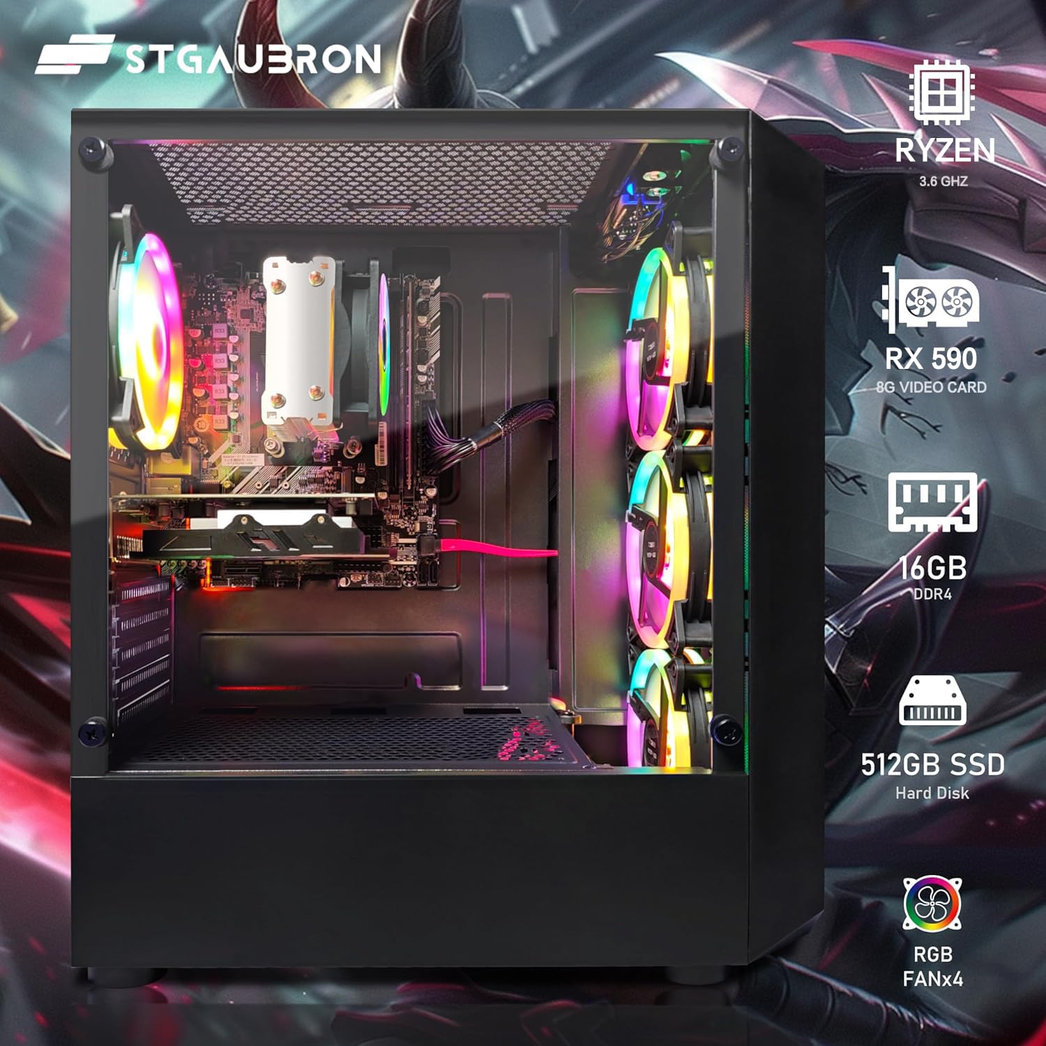 STGAubron Gaming PC Desktop, Radeon RX 590 8G GDDR5, AMD Athlon 3000G 3.5G, 16G DDR4, 512G SSD, 600M WiFi, BT 5.0, RGB Fan x4, Windows 11 Home