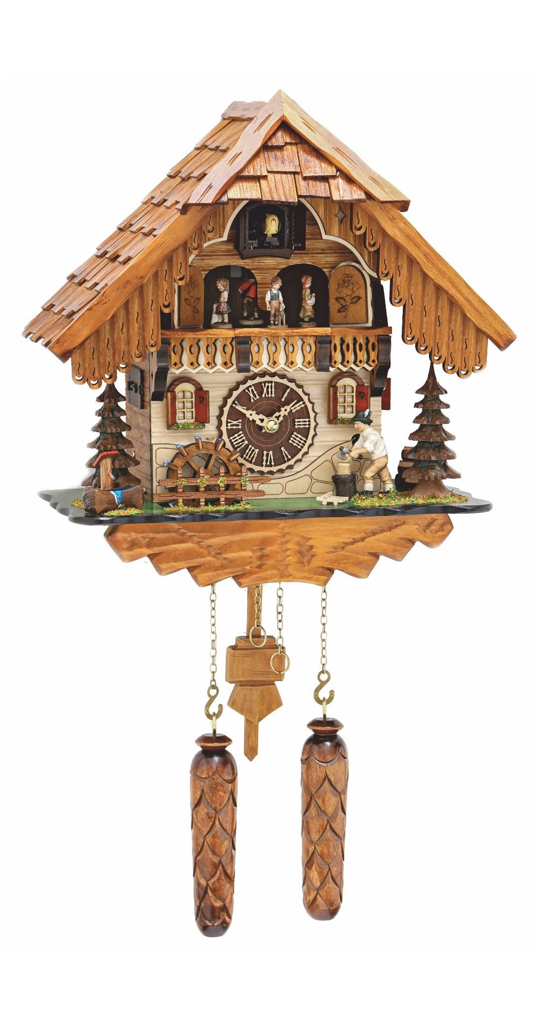 View 1 of ***IT NEEDS TO BE REPAIRED***Trenkle Quartz Cuckoo Clock Black Forest House with Moving Wood Chopper and Mill Wheel, with Music TU 498 QMT HZZG
