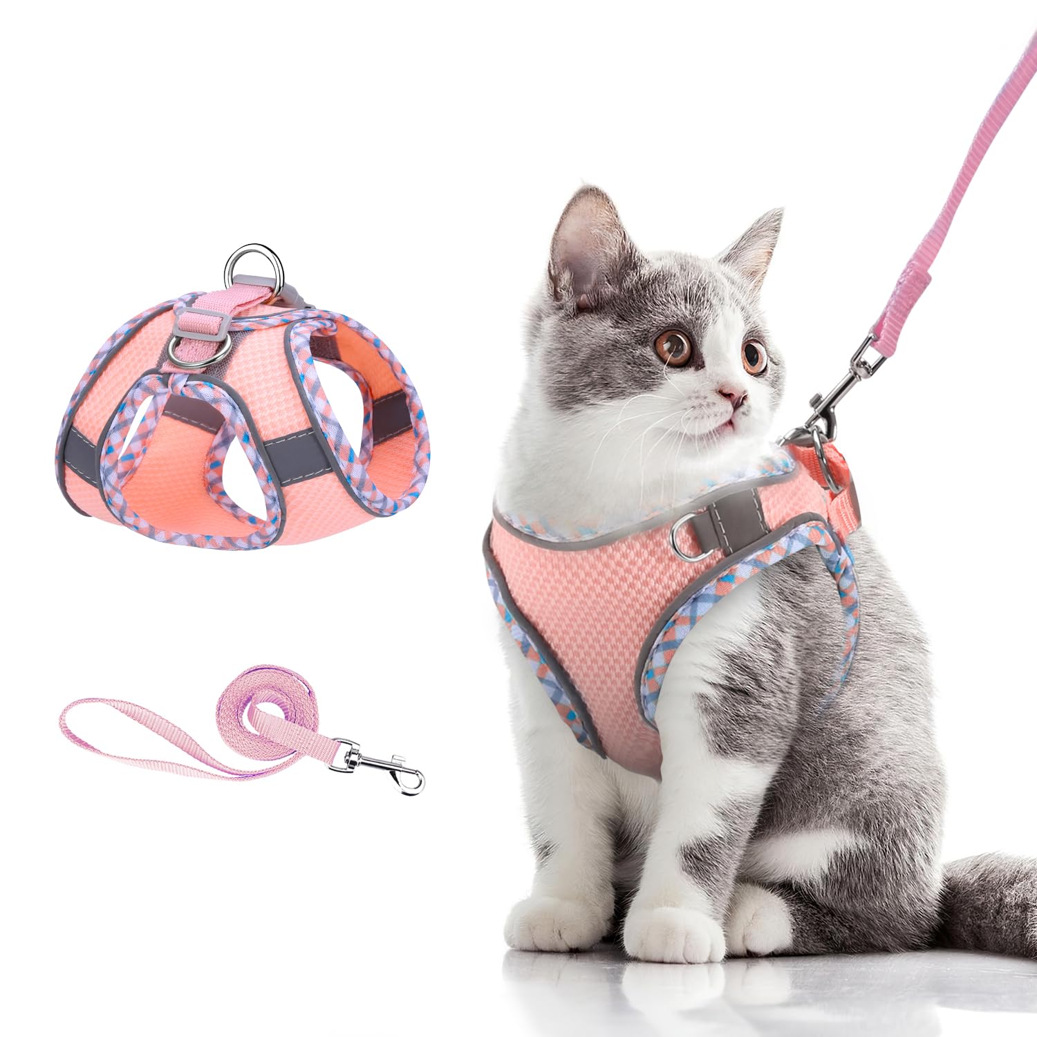 Brifit Cat Harness and Lead Set, Soft Mesh Escape-Proof Cat Vest Harness, Adjustable Reflective Kitten Harness for Large Small Cats, Cat Vest Harness with Leash Sets for Cats Dogs Walking (Pink, XXS)