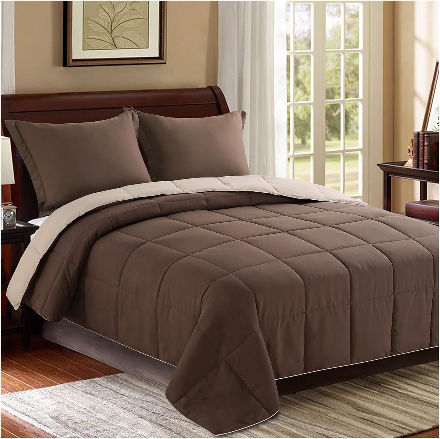 Homelike Moment Lightweight Comforter Set California King Reversible All Season Down Alternative Bed Comforter Set Summer Blanket 3 Piece - 1 Comforter 2 Pillow Shams Cal King Size Brown / Beige: Kitchen & Dining