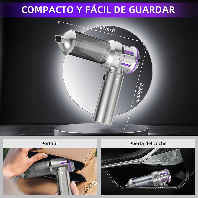 Aspirador de Mano, 25000Pa Aspiradora sin Cable Coche con Descarga de Polvo Automática con un Toque, 4 en 1 Aspirador Coche, Motor sin Escobillas, 3 Niveles, Ideal para Pelo de Mascotas, Coche, Hogar — foto 7 de 7
