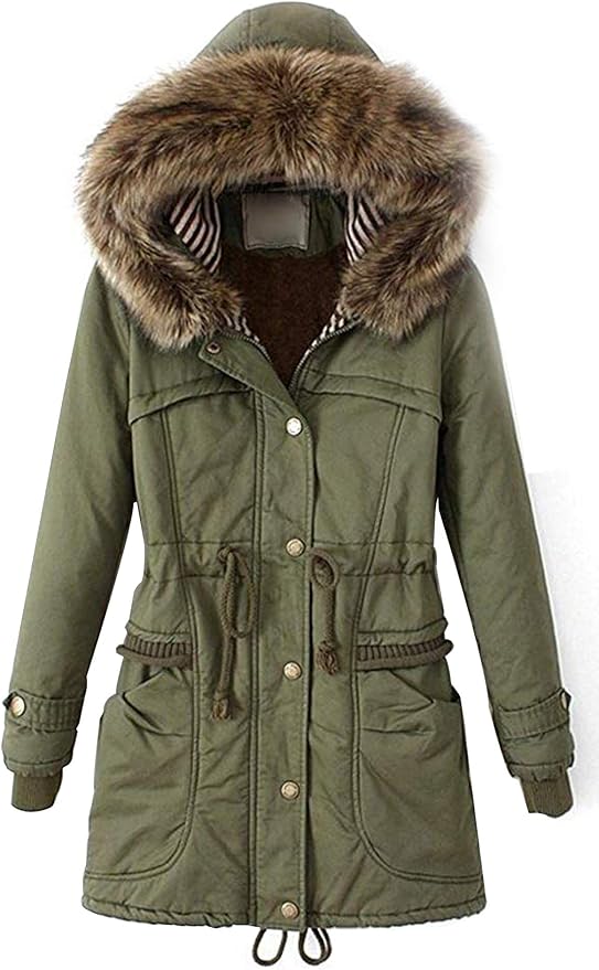 Womens Army Green Hooded Faux Fur Casual Cotton Parka Coat Amazon.co.uk Clothing