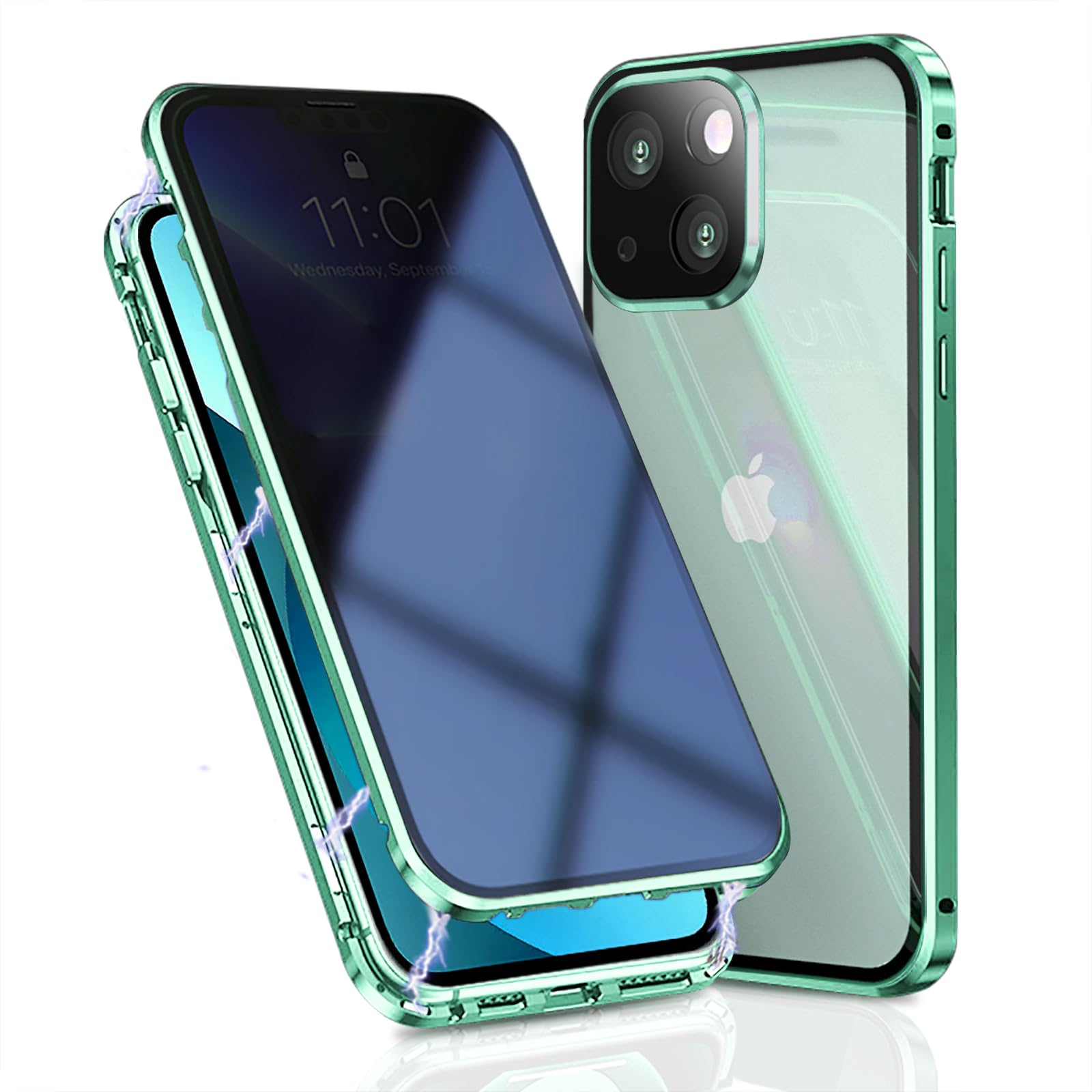 OMGZONE Privacy Case for iPhone 15 Magnetic Cover,Screen Protector built-in Anti-peep Tempered Glass Full Cover with Camera Protector,360 Degree Metal Bumper Case for iPhone 15,Green — image 1