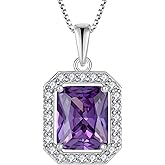 Wisbal Women's Emerald Cut Necklace 925 Sterling Silver Halo Created Birthstone Princess Cut Pendant Jewelry for Her