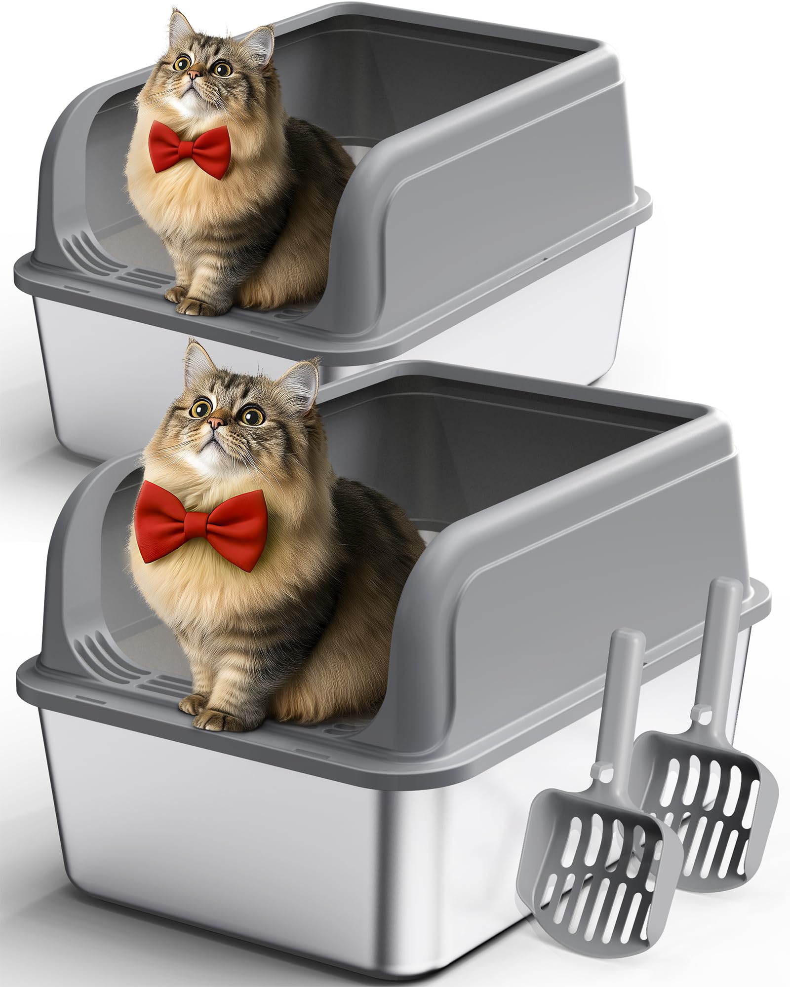 Photo 1 of Powools Stainless Steel Cat Litter Box, Metal Kitty Litter Box with Scoop, Anti-Leakage Top Entry, Non-Sticky, Easy to Clean, Grey, S (2 Pack)