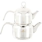 Karaca Manes Mini Turkish Teapot Set - Stainless Steel Teapot with Lid - (Turkish Tea Pot 0,85 Liters &amp; Water Tank 1,25 Liters) - Non-Burning Bakelite Handles Midi Tea Maker &amp; Induction Kettle