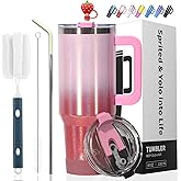 40 oz Shiny Tumbler with Handle and Straw,Stainless Steel Tumbler with Lid and Straw,Insulated Travel Mug(Cold for 34 Hours),Water Bottle for Iced Tea,Coffee (Red)
