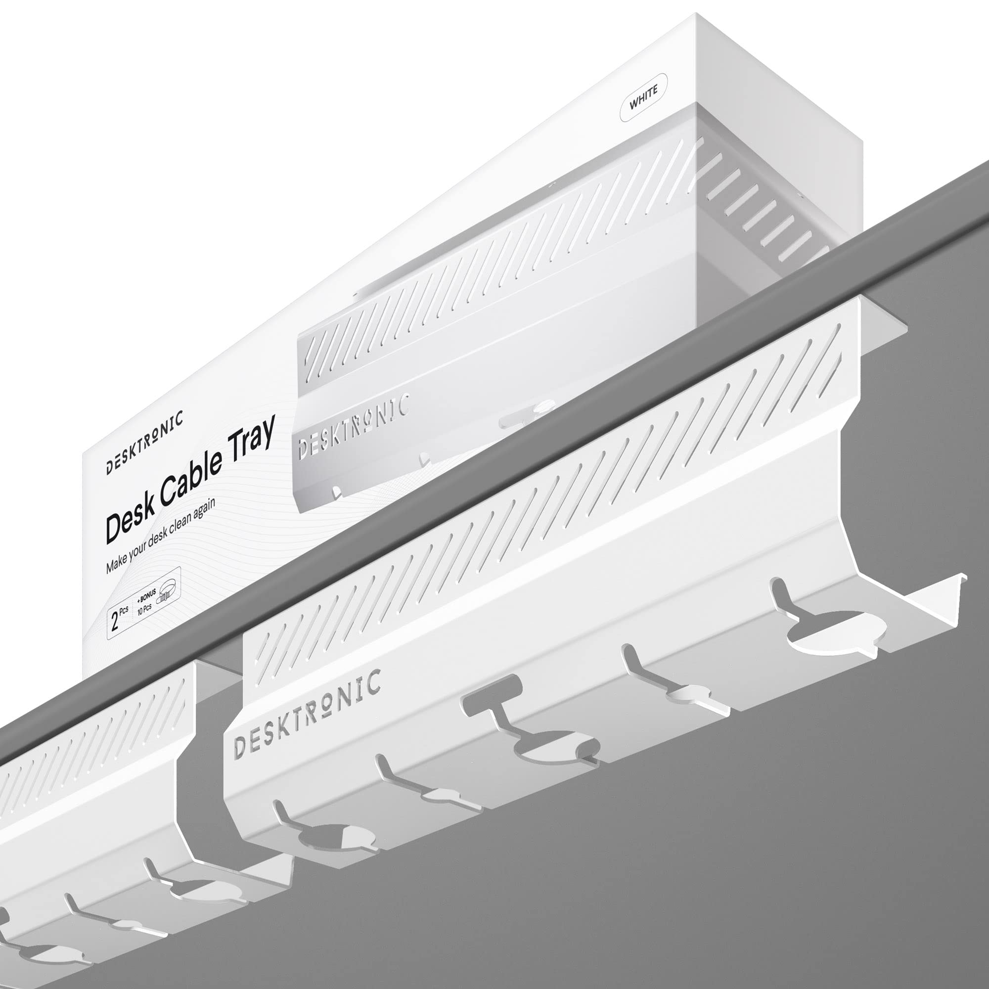 Desktronic Cable Duct Desk White Set of 2 - Stainless Steel Cable Management Desk Cable Duct with 5 Cable Cut-Outs - Easy to Install Cable Organiser - Cable Holder