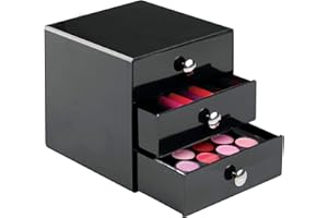 INTERDESIGN iDesign 35360 3-Drawer Plastic Vanity Organizer, Compact Storage Organization Set for Cosmetics, Dental Supplies, Hair Care, Bathroom, Dorm, Desk, Countertop, Office, 6.5" x 6.5" x 6.5", Black