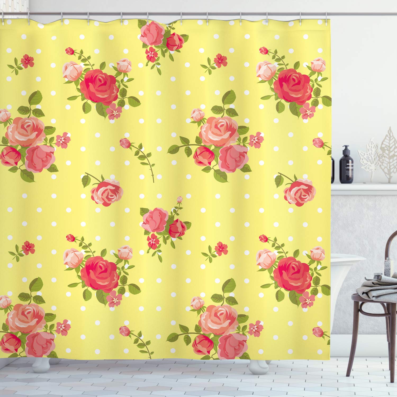 ABAKUHAUS Rose Shower Curtain, Old Fashioned Pattern Feminine Romantic Bouquets Corsage on Dotted Backdrop, Fabric Bathroom Decor Set with Hooks, 78" Inches, Yellow Coral Green