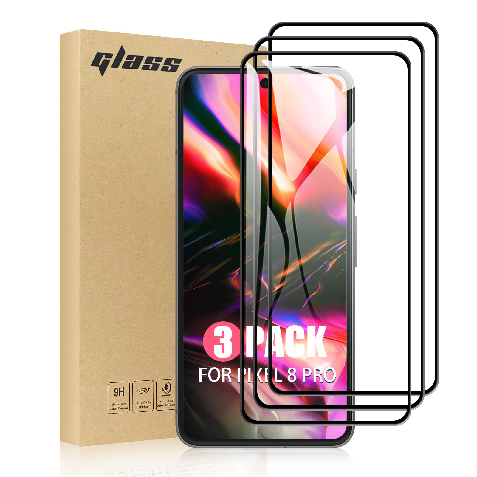 TailTech Screen Protector for Google Pixel 8 Pro Screen Protector Google 8 Pro Tempered Glass, 3-Pack Full Coverage Tempered Glass for Google Pixel 8 Pro, Edge-to-Edge Protection