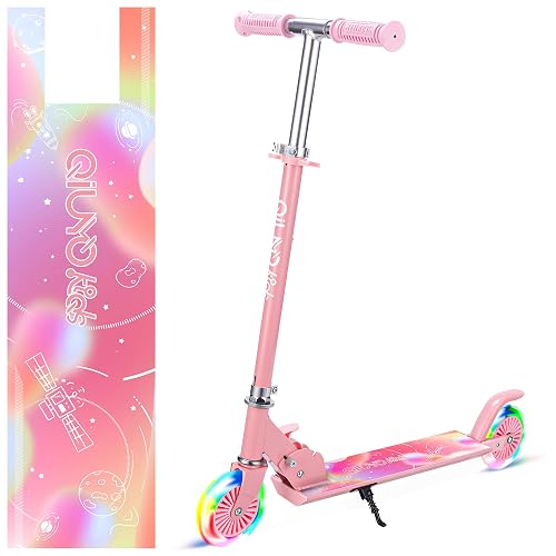QIUYO Kids Scooter, 2-Wheel Folding Kick Scooter for Ages 4-7, Adjustable Height, Flashing Wheels, Lightweight with Sturdy Frame, Kickstand