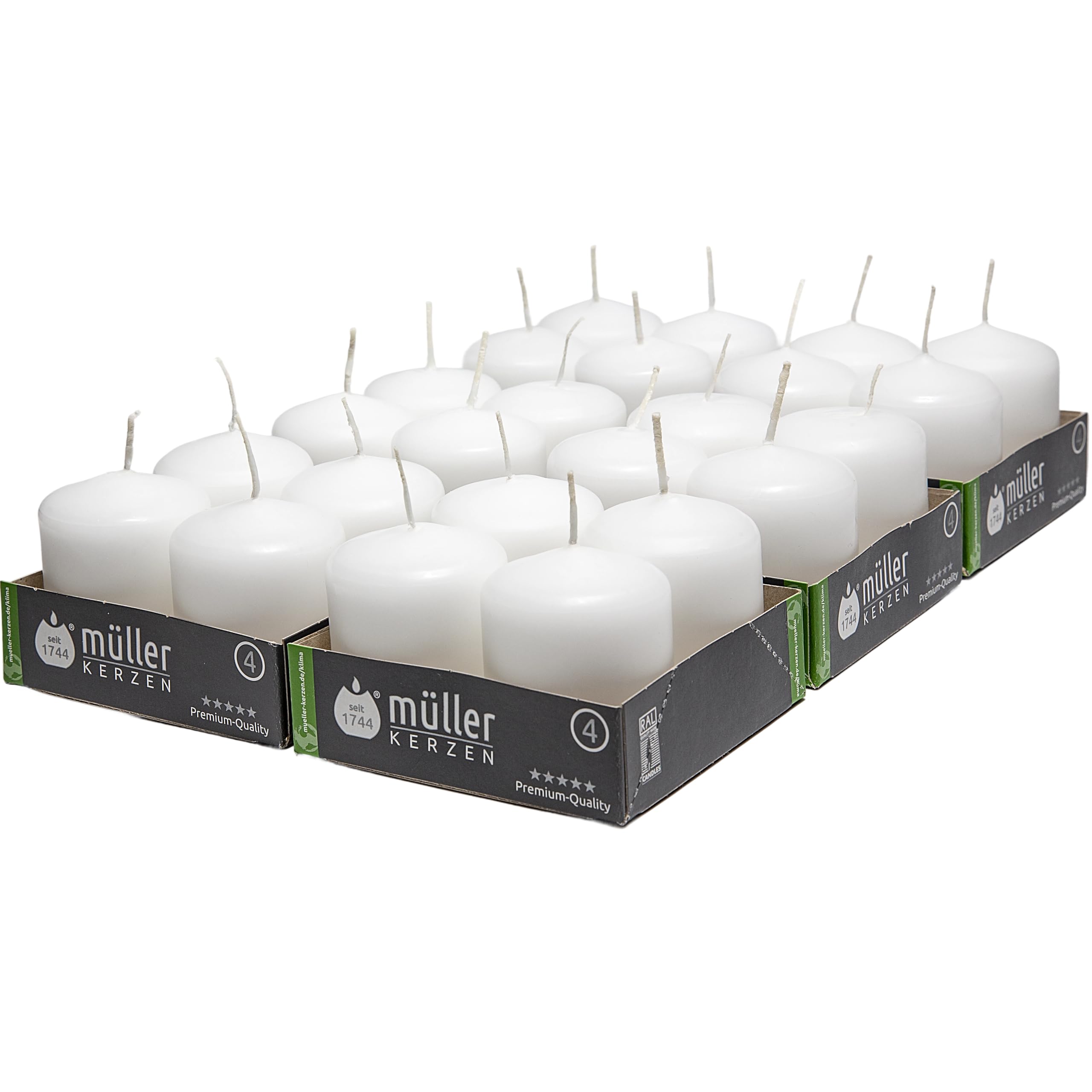 Müller White Pillar Candle - Pack of 24 Unscented Small Candles - 4,8 x 6,2 Cm - 10 Hours Burn Time Candles for Decoration - No Drip Wax - Smokeless Wick - RAL Quality - Made in Germany