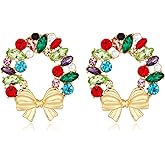 Christmas Wreath Earrings - Gold Metal Plated Colorful Bowknot Dangle Earrings Festive Holiday Jewelry for Women Unique Xmas Gift