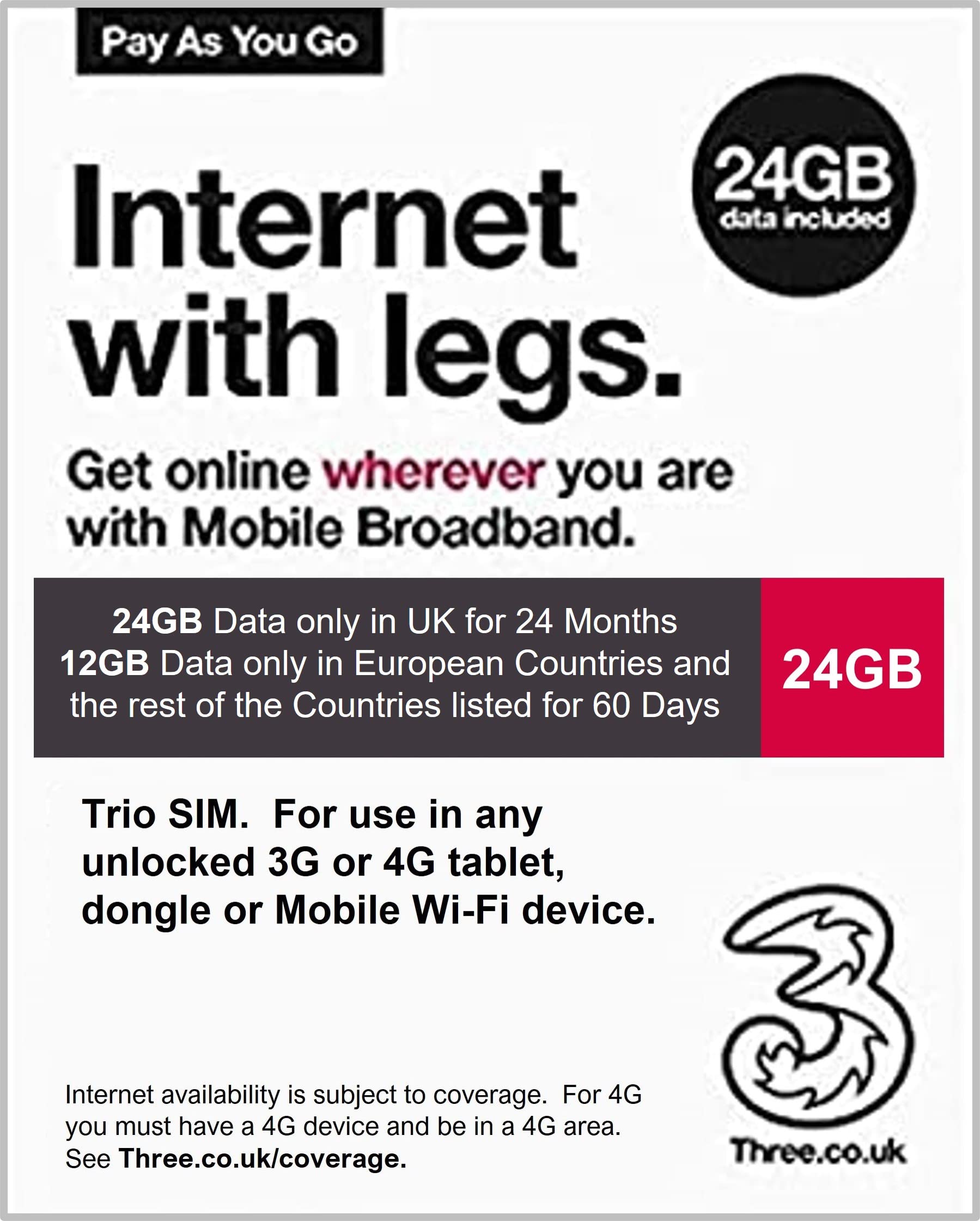 UK3 Prepaid Europe SIM Card 24 GB Data for up to 24