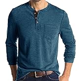 Men Henley Shirt Long Sleeve Lightweight Casual T-Shirts Tops Tees 3 Button Cotton Classic Blend with Pocket Darkblue