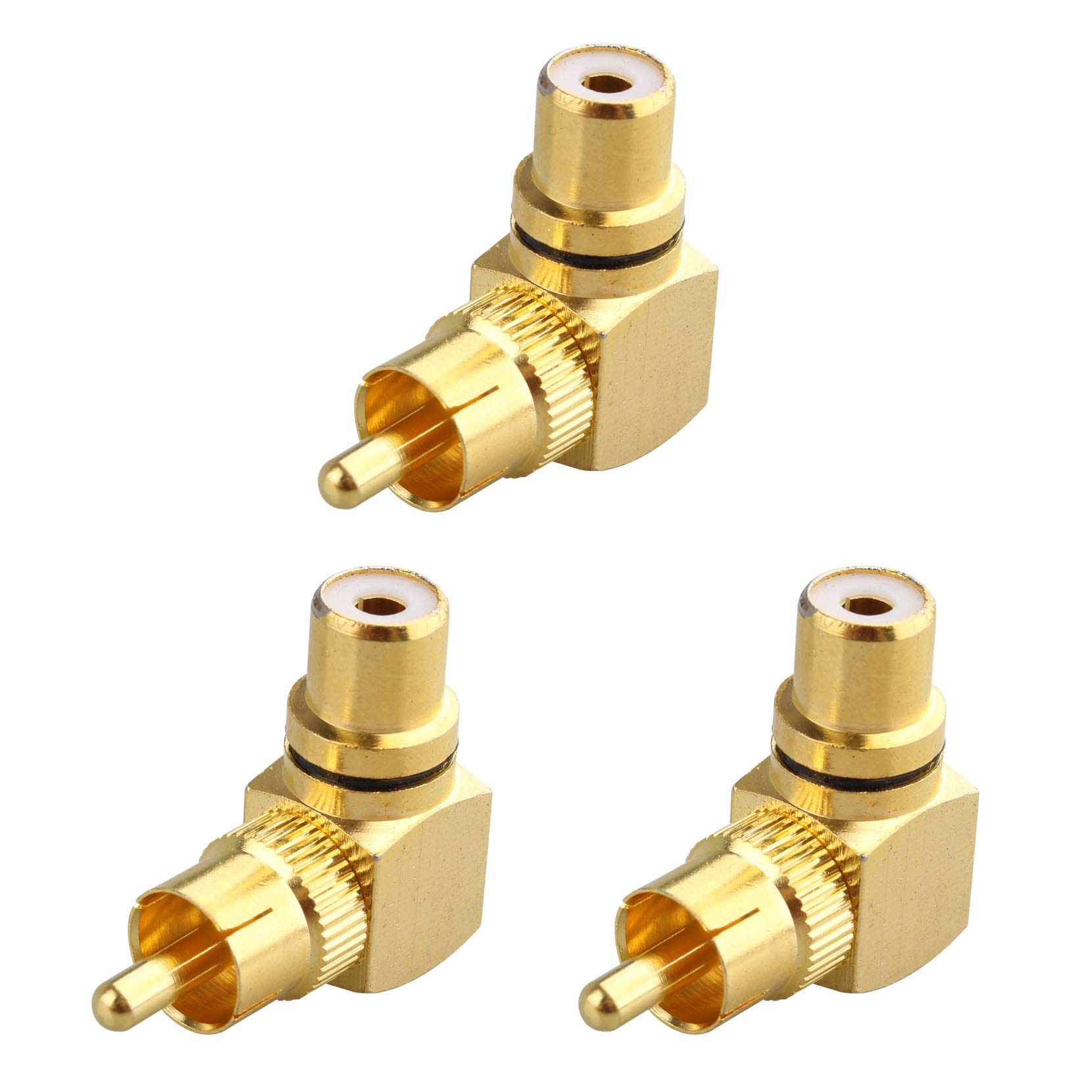Jopto 3PCS RCA Male to RCA Female 90 Degree Right Angle Plug Adapter Gold Plated Metal Copper L shape Connector M/F Gold-Plated Converter Audio AV RCA Plug Extender Gold Tone