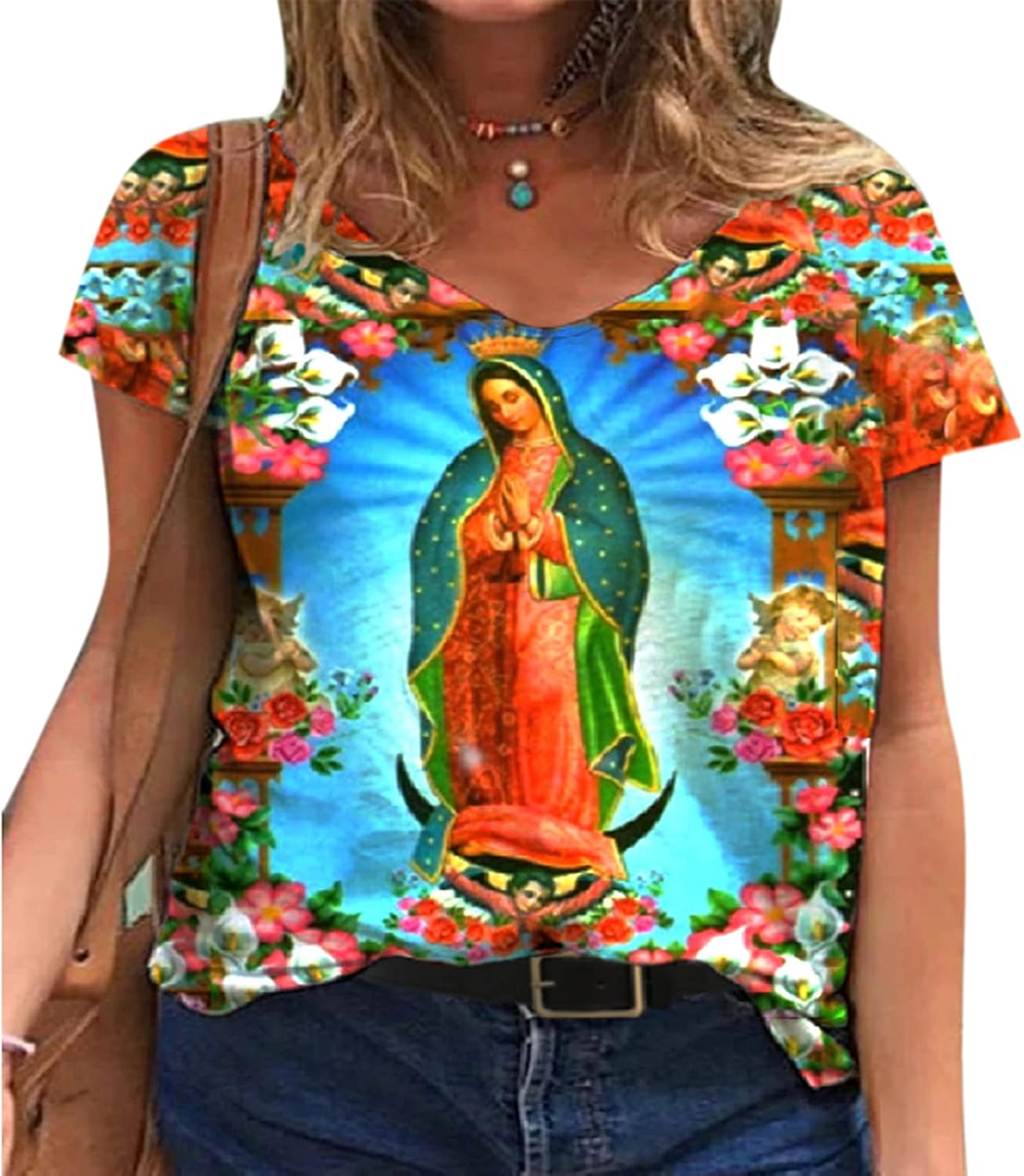 kewing Women's Blessed Virgin Mary Print TShirts Casual Loose VNeck