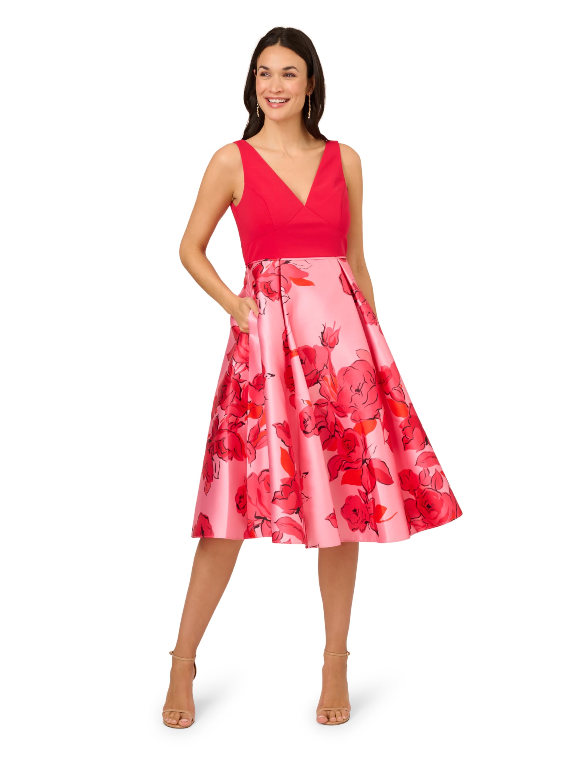 Adrianna Papell Women’s Printed Midi Dress, Pink/Red Multi, 8