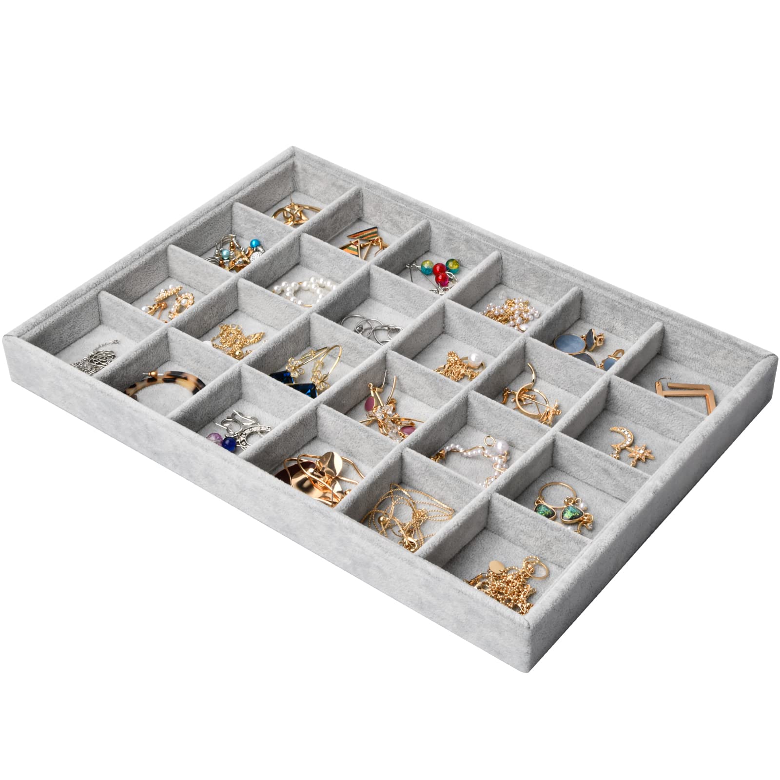 Catime 24 Grids Velvet Jewellery Tray for Drawers, Stackable Jewelry Storage Tray Organiser, Removable Jewelry Display Trays for Ring Bracelet Earring Necklace, 35x24x3cm (Gray)