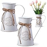 Chumia 2 Pcs Metal Pitcher Jug Vase for Flower Farmhouse Rustic Milk Can 7. 87 Inch Flower Vintage Vase Pitcher Decor Kitchen Bathroom Decor for Home (White)