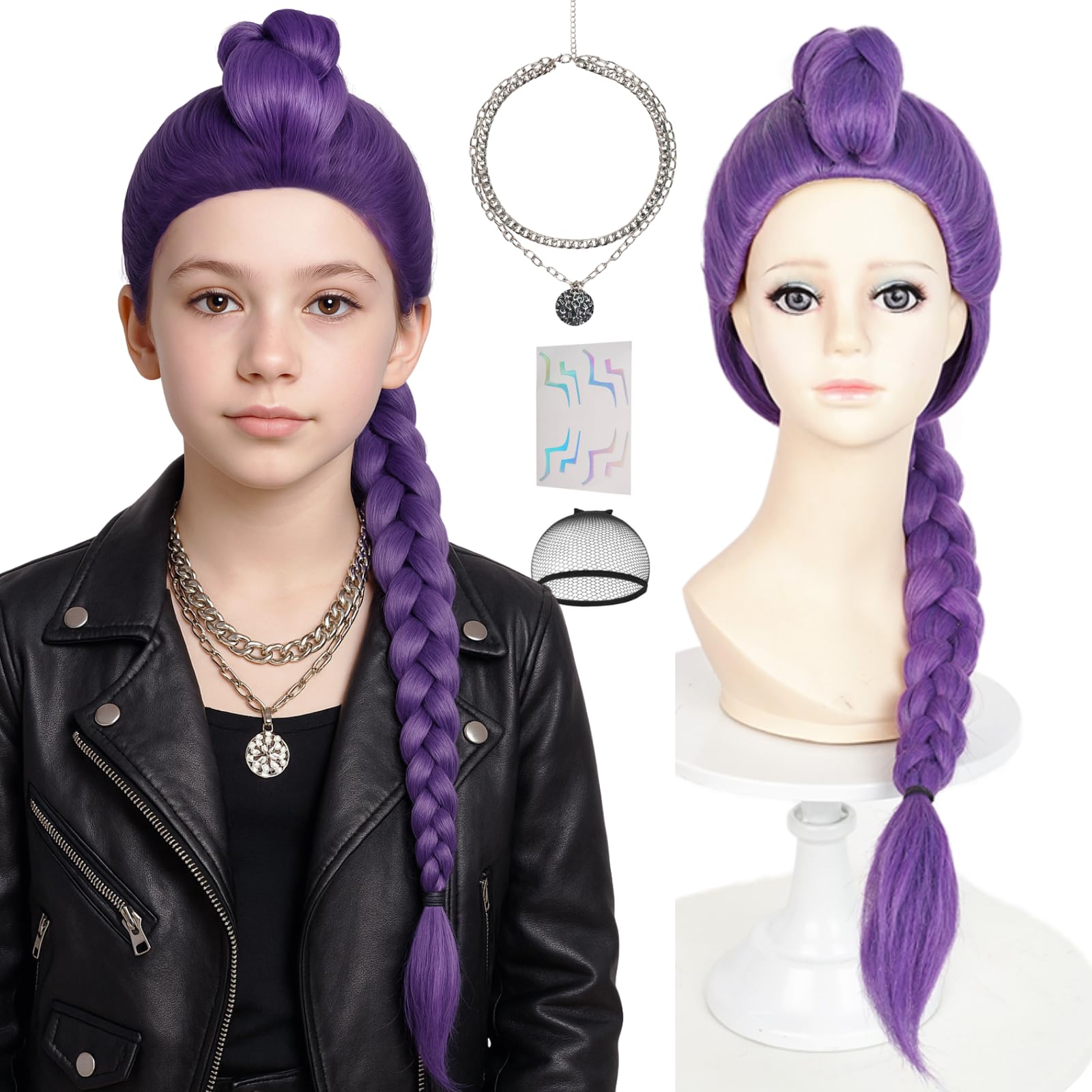 Photo 1 of Purple Braid Wig for Kids Girls Toddlers Purple Wig with Long Braids Ponytail Clip for Stage Party Halloween Costume Cosplay