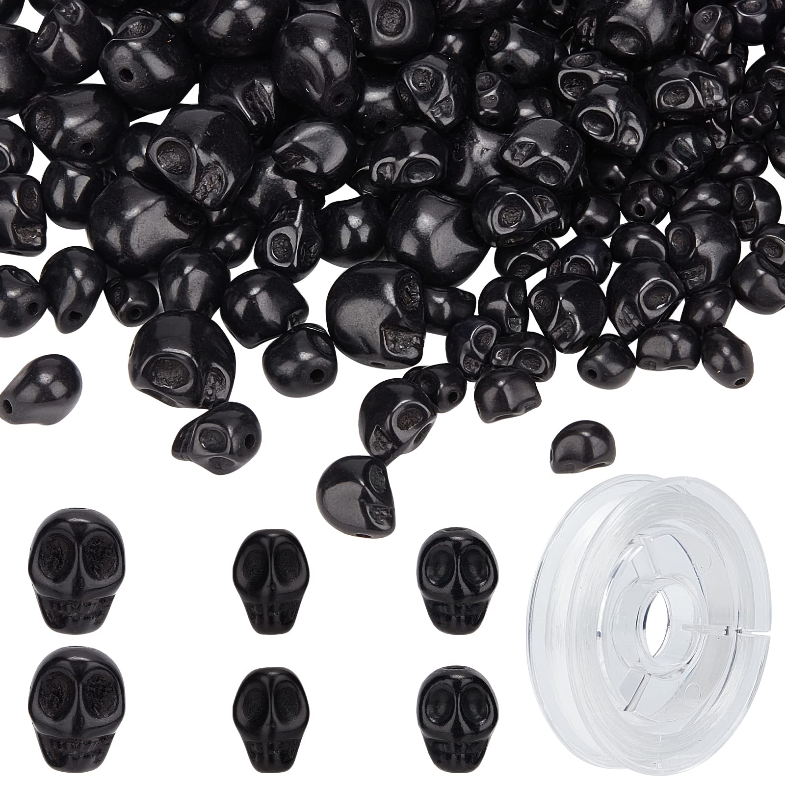 SUNNYCLUE 200Pcs 3 Sizes Skull Turquoise Beads for Jewelry Making - Skeleton Head Halloween Spacer Kit - Synthetic Gemstone Adult Bracelet Supplies