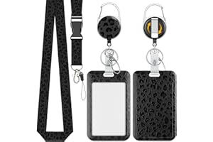 Pawfly Fashionable Sliding Badge Holder Black Leopard Print Plastic Card Holder with Retractable Badge Reel Carabiner & Detac