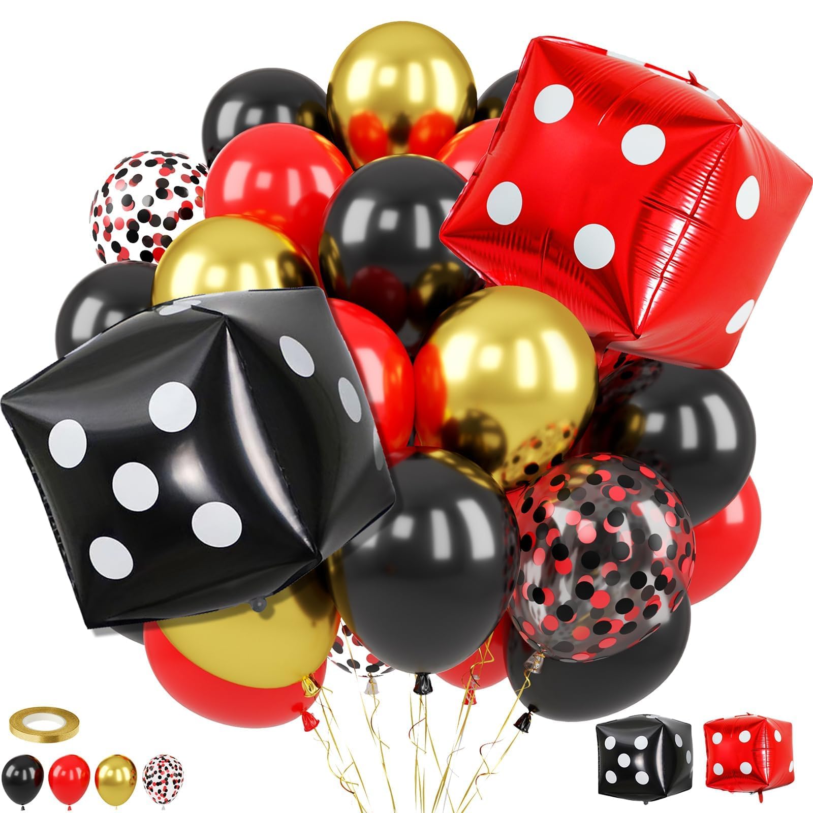 Casino Balloons, 12 Inch Black Red Metallic Gold Confetti Balloons with Dice Foil Balloons for Poker Las Vegas Game Night Theme Casino Party Supplies