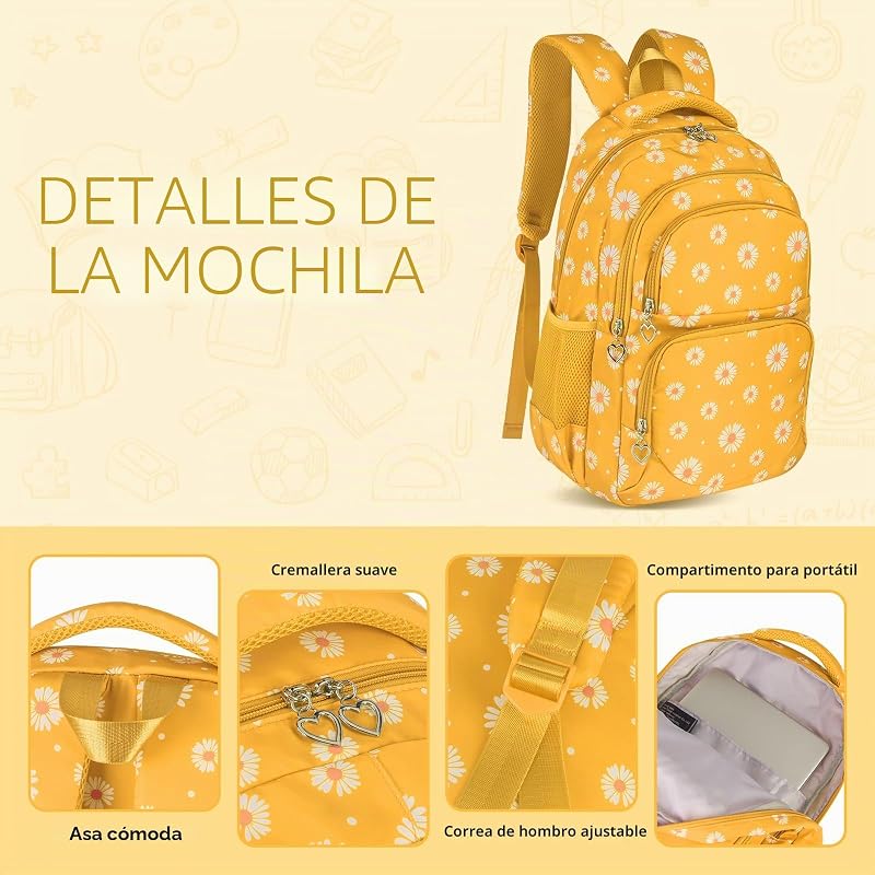 Mochila escolar para raparigas, adolescentes, mulheres, mochila escolar, conjunto de mochila escolar para raparigas, escola, tempo livre, com saco e mala para almoço, amarela, mochila para crianças — foto 3 de 8