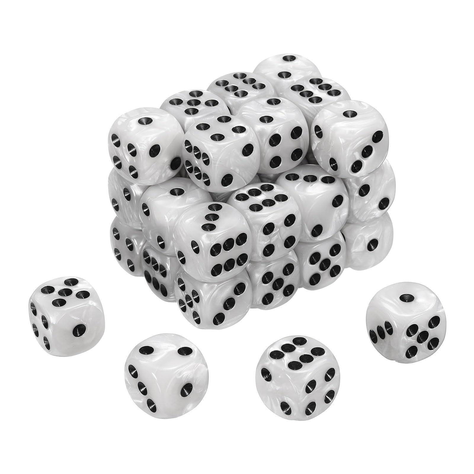 sourcing map 48Pcs 6 Sided Colored Standard Dice, 16mm Acrylic D6 Mini Polyhedral Pearl Pattern Game Dice Set for Table Games, White/Black Point — image 1