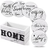 Queekay Coasters Set of 6 House Warming Gifts New Home Wooden Farmhouse Drink Coasters with Holder 4'' Funny Decoration for Kitchen Family Coffee Bar Tabletop Protection(White Marble)