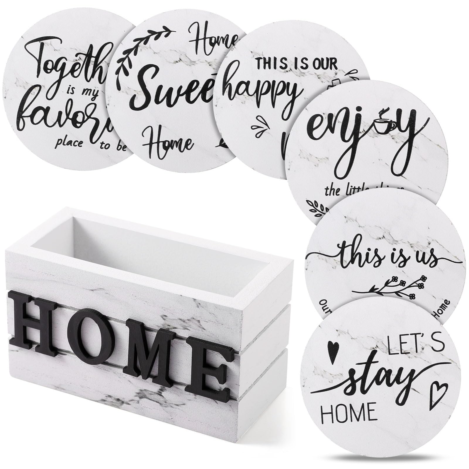 Queekay Coasters Set of 6 House Warming Gifts New Home Wooden Farmhouse Drink Coasters with Holder 4'' Funny Decoration for Kitchen Family Coffee Bar Tabletop Protection(White Marble) — image 1