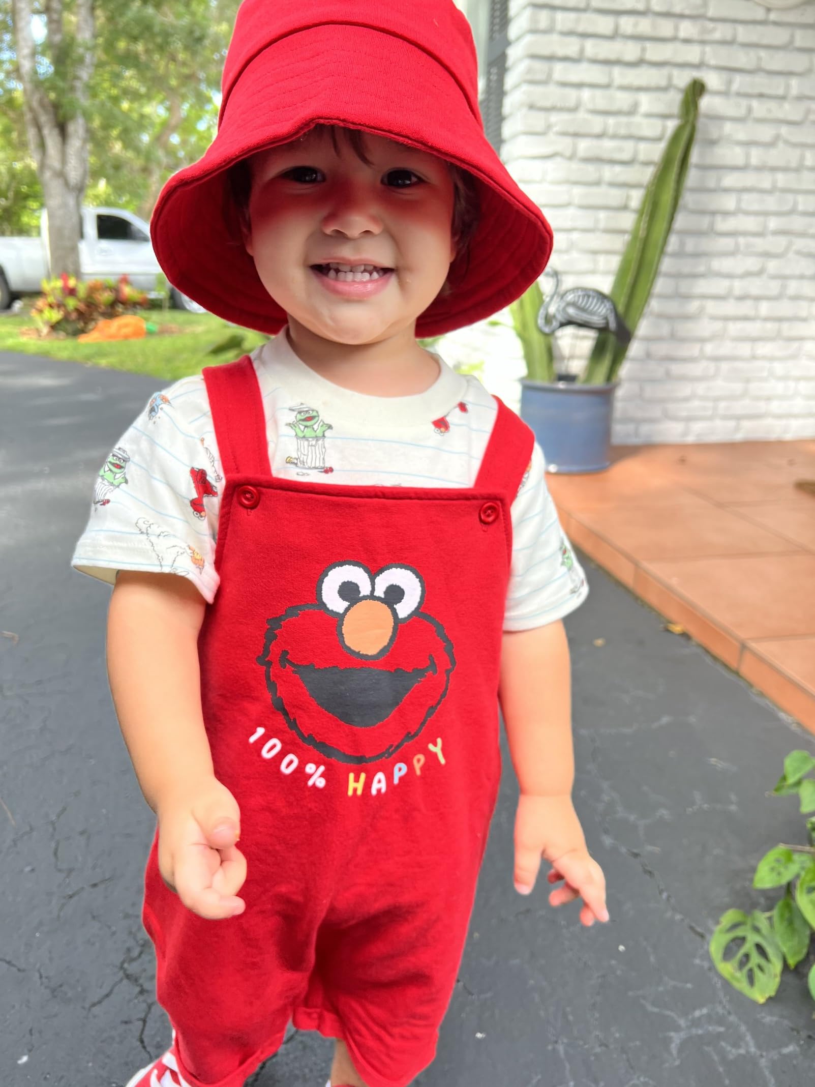 Sesame Street Elmo French Terry Short Overalls T-Shirt and Hat 3 Piece Outfit Set Newborn to Toddler