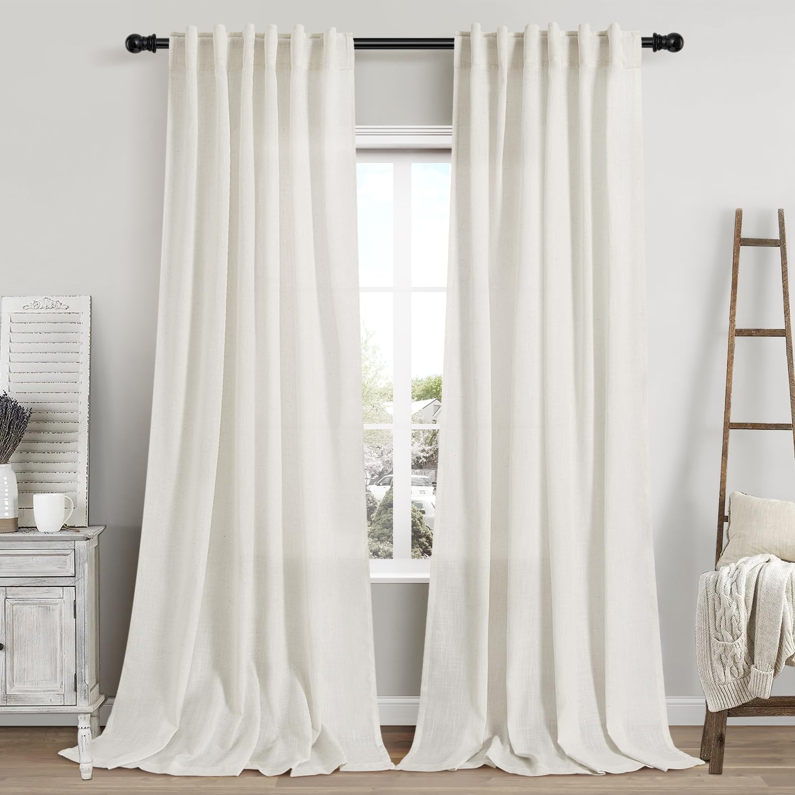 Photo 1 of Cream Linen Sheer Curtains 102 Inches 2 Panels Set Back Tab Rod Pocket Extra Long Semi Sheer Light Filter Vintage Curtain Drapes Room Decor Aesthetic Curtains for Living Room High Window 42x102