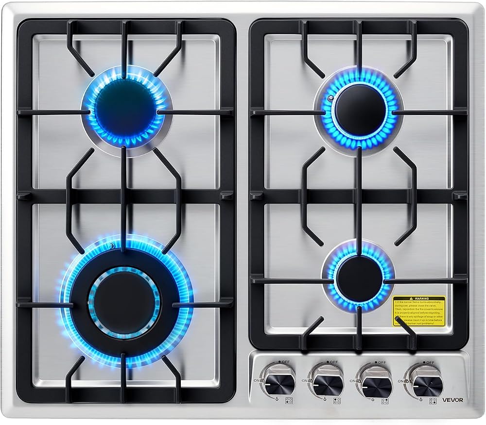 VEVOR 24 inch Gas Cooktop 4 Burners Gas Stove Top, Max 27000BTU Built-in Stainless Steel Stove Top LPG/NG Convertible Dual Fu