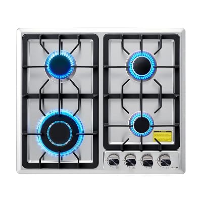 VEVOR 24 inch Gas Cooktop 4 Burners Gas Stove Top, Max 27000BTU Built-in Stainless Steel Stove Top LPG/NG Convertible Dual Fuel Cooktop Stoves with Thermocouple Protection for Kitchen Apartment Rvs