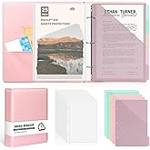 （Half Size）Pu Leather Mini 3 Ring Binder with 5-Tabs Pocket Dividers &amp; 25 Sheet Protectors 5.5 x 8.5 Professional Organizer Cute Organizer Binders 1" D Rings for Small Binder Paper School Office(Pink)