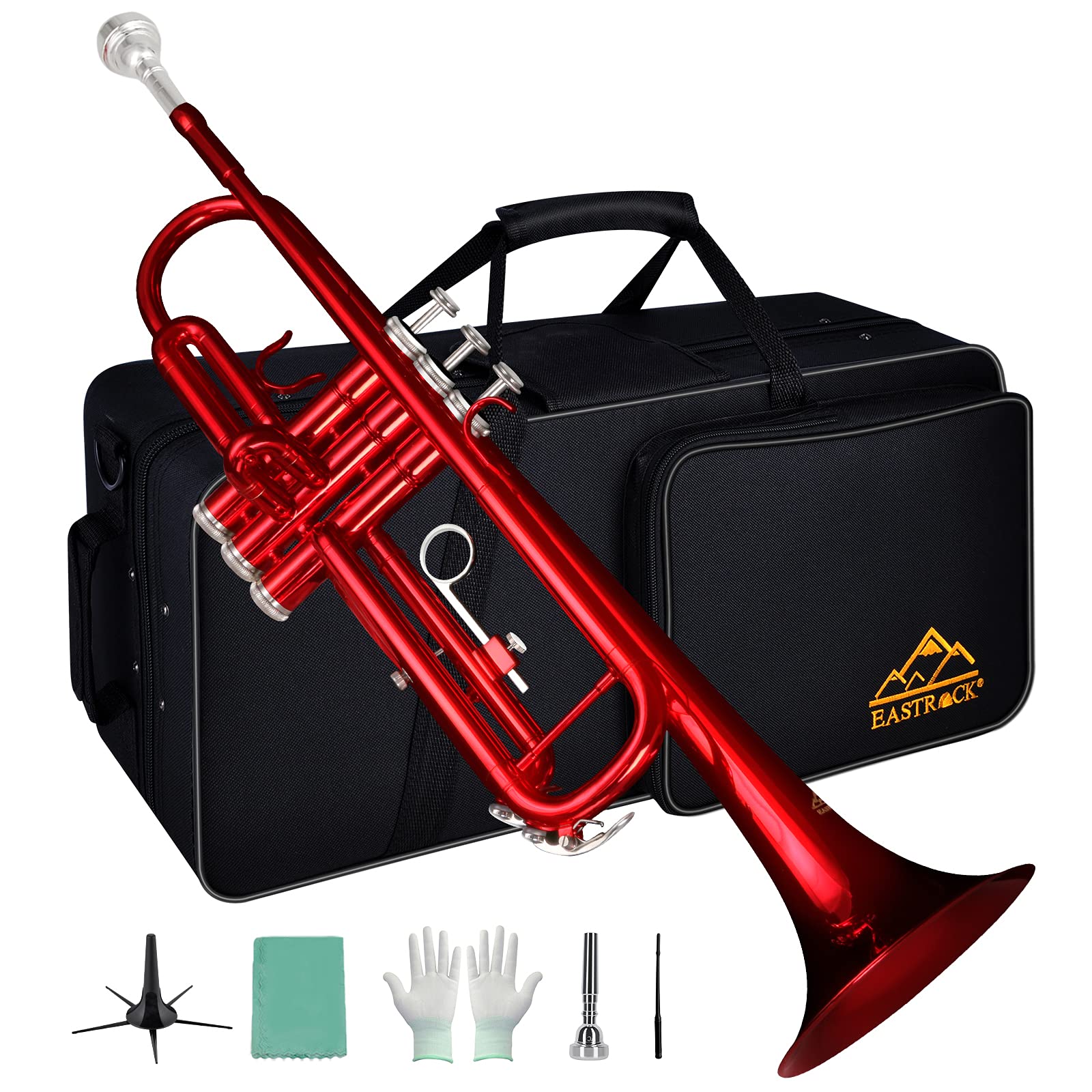 Eastrock Bb Trumpet Standard B Trumpet Set for Student Beginner with Hard Case, Gloves, Trumpet 7C Mouthpiece, and White Mineral Oil (Red)