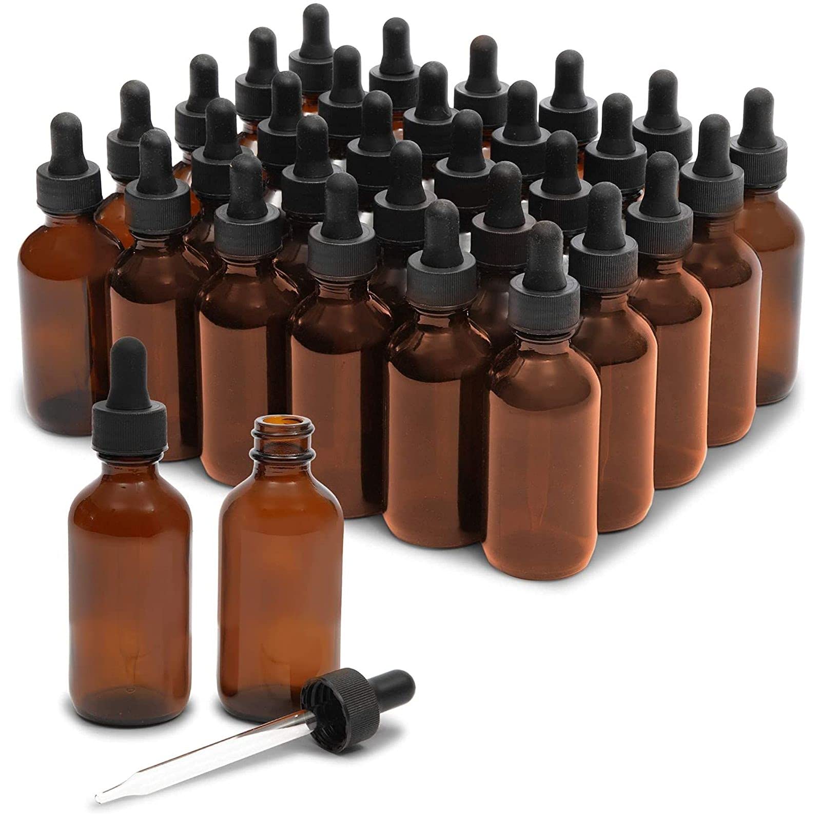 Juvale Amber Glass Bottles with Pipette and 6 Funnels, 30-Count of Dropper Bottles, Refillable for Essential Oils, Aromatherapy, 36 Pieces Total, 60 ml Each