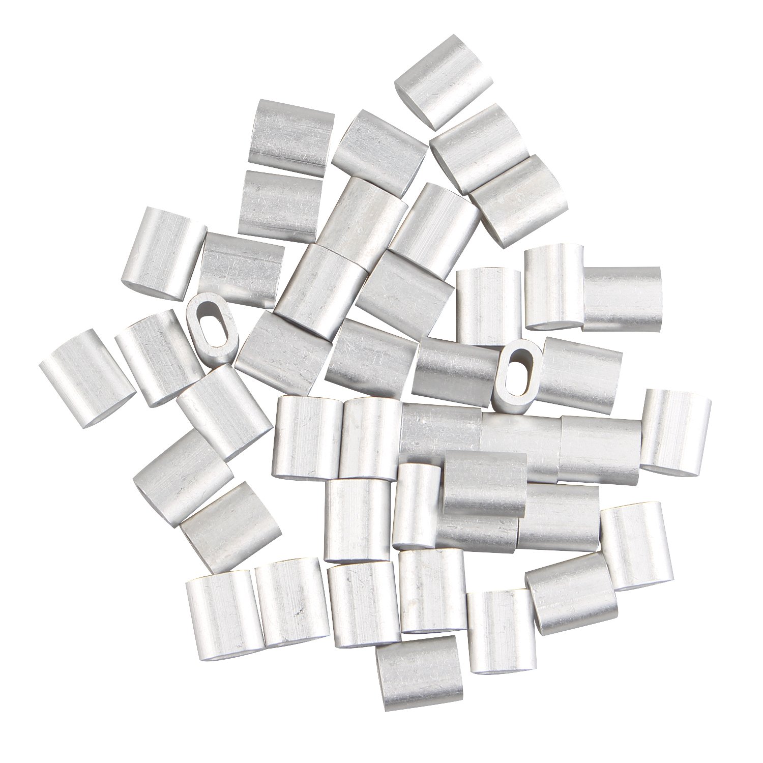 Futheda 50pcs Aluminum Crimping Loop Sleeve Clips Oval Shaped for 3.0mm Cable Wire Rope Silver Tone