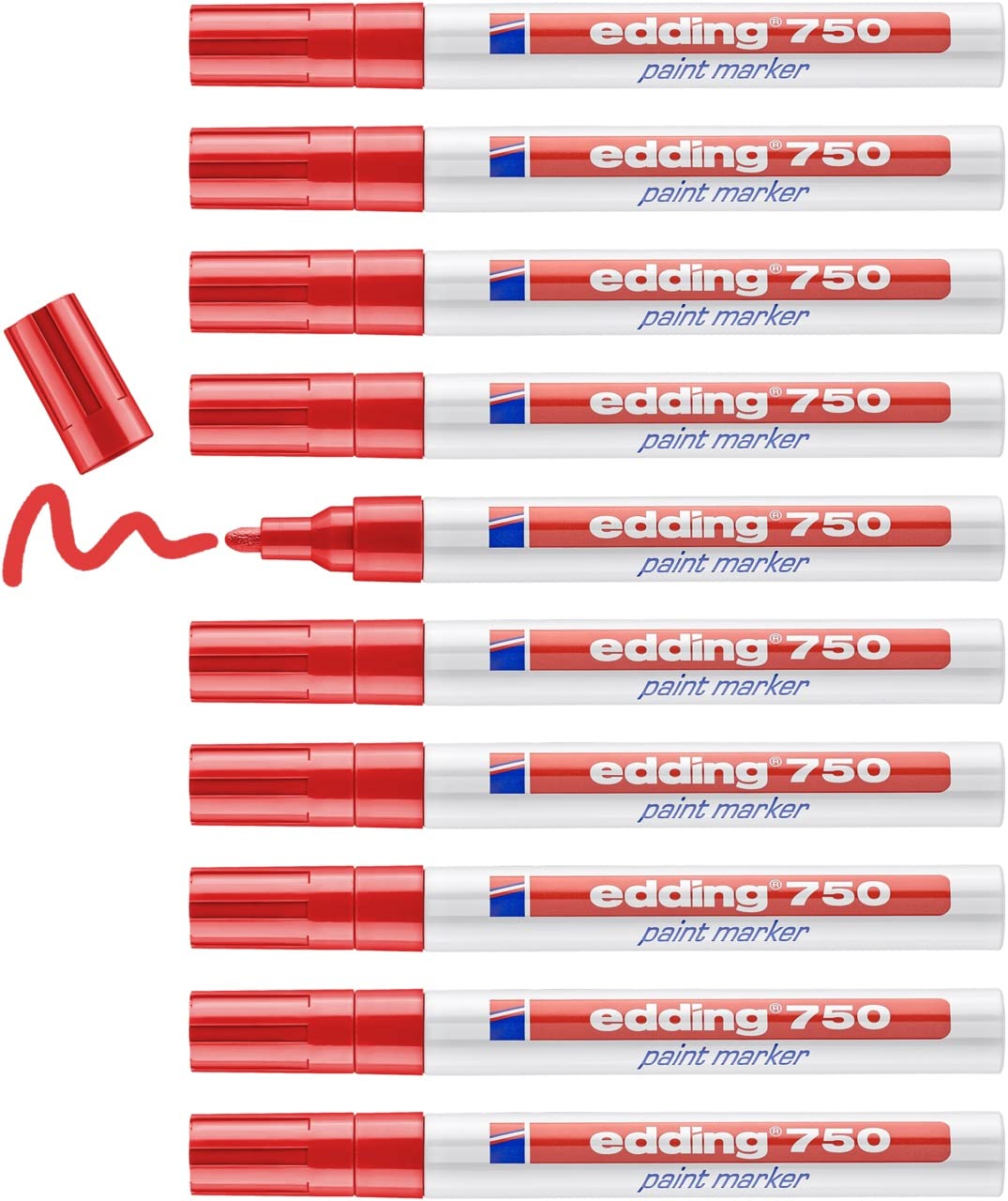 edding 750 paint marker - red - 10 pens - round tip 2-4 mm - paint marker for marking and labelling metal, glass, rocks or plastic - heat-resistant, permanent, smudge-proof and waterproof