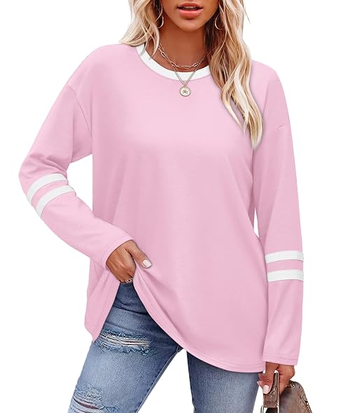 Aokosor Jumpers for Women Long Sleeve Tops Striped Colour Block Crew Neck Tunic Shirts Pink Size 14-16
