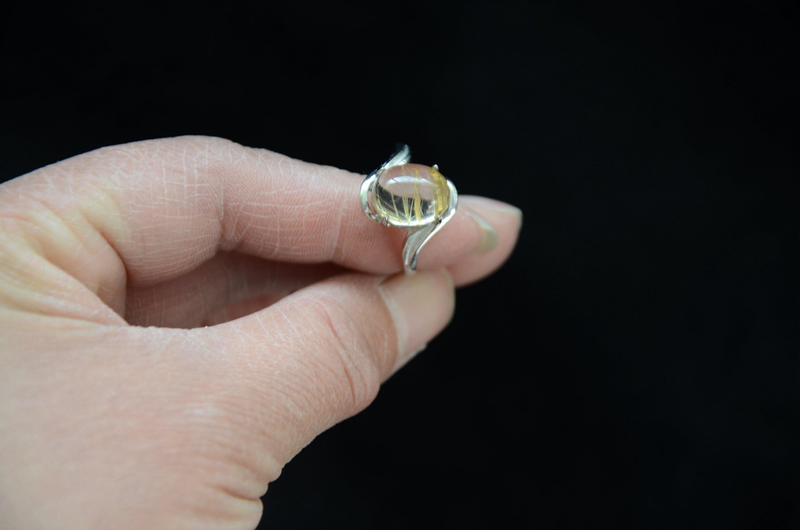 Real Tibet Himalayan High Altitude Clear Gold Rutilated Crystal Quartz Silver Sterling Ring Adjustable Size 18X18 mm Spiritual Reiki Healing