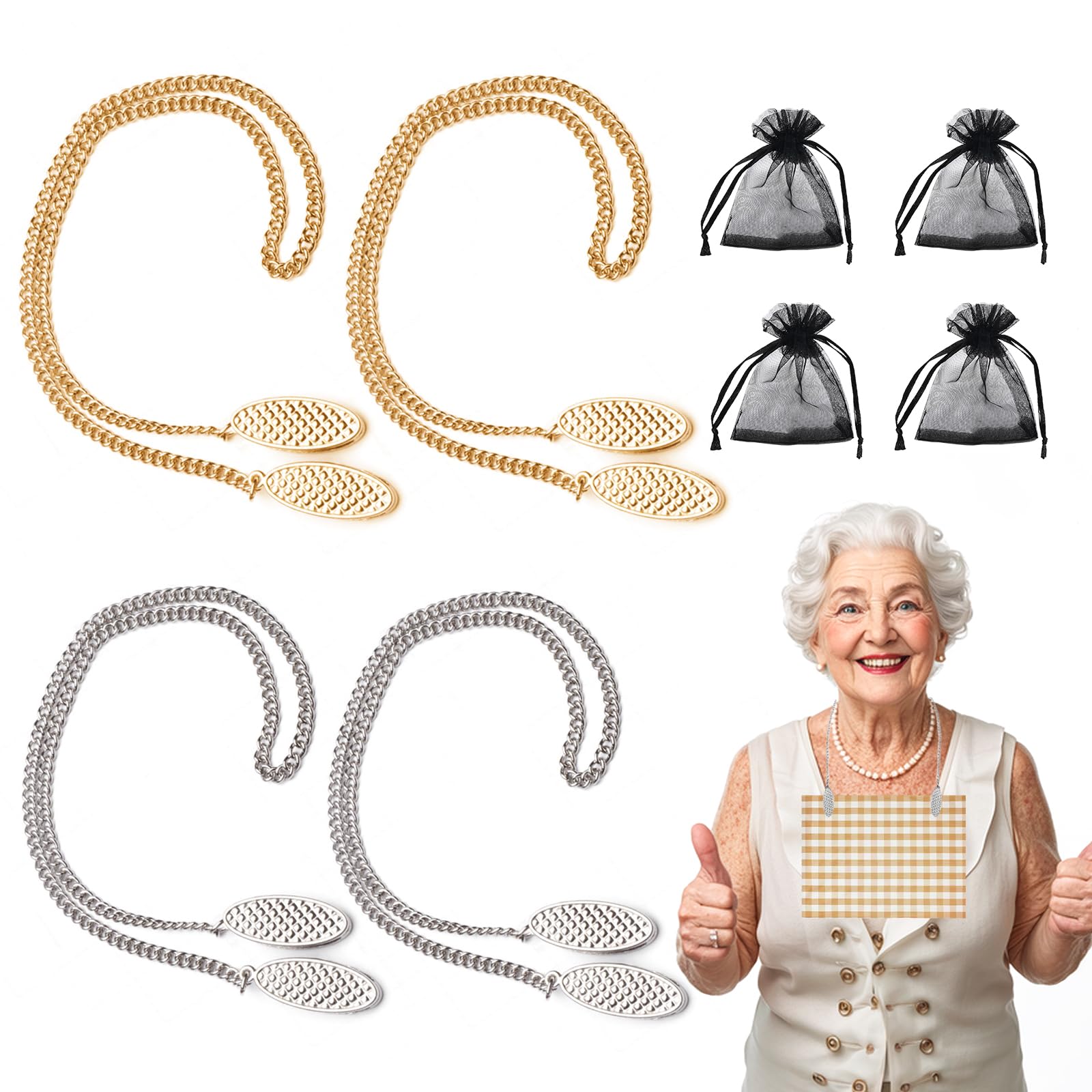 SwirlColor Napkin Holder Napkin Clips Chains, Metal Silver Gold Neck Chain Napkin Chains Dinner Accessory for Women Men 48cm 4pcs