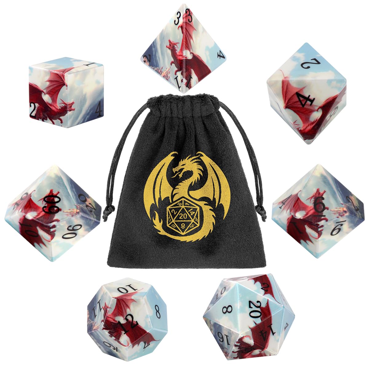 DND Dice Set, Dragon Theme Dice Set, UV Printed, Resin Material, DND Starter Set, 7pcs Polyhedral Dice Set with Dice Bag, Role Playing Board Games Accessories — image 1